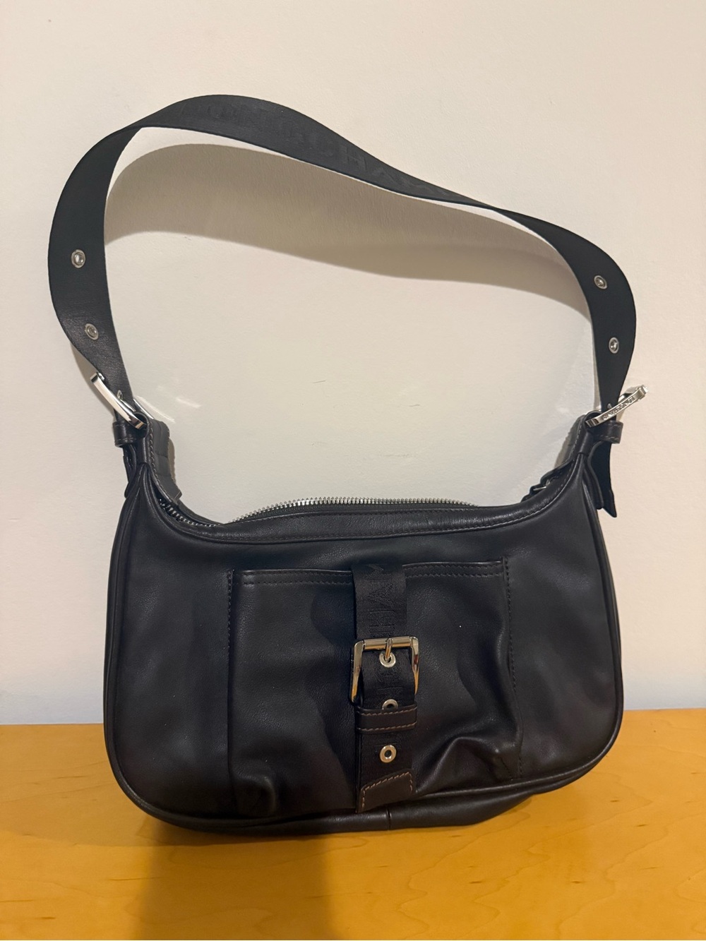 Black Leather Shoulder Bag with Buckle Accent